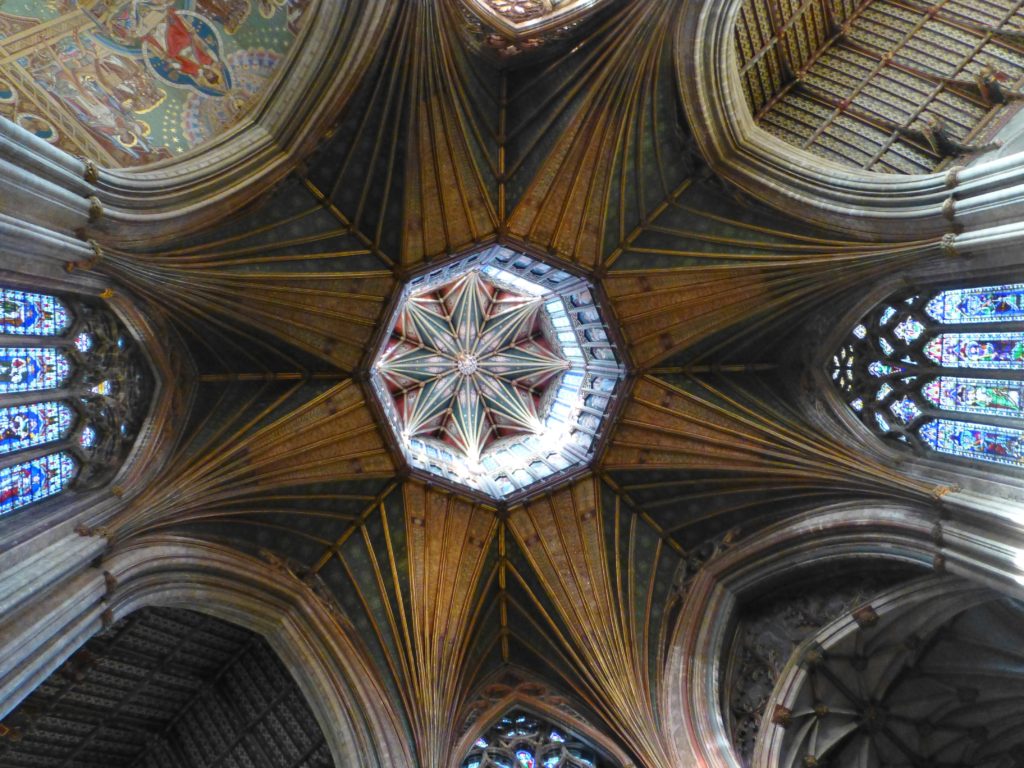 Looking straight up at the central part of Ely Cathedral ceiling.